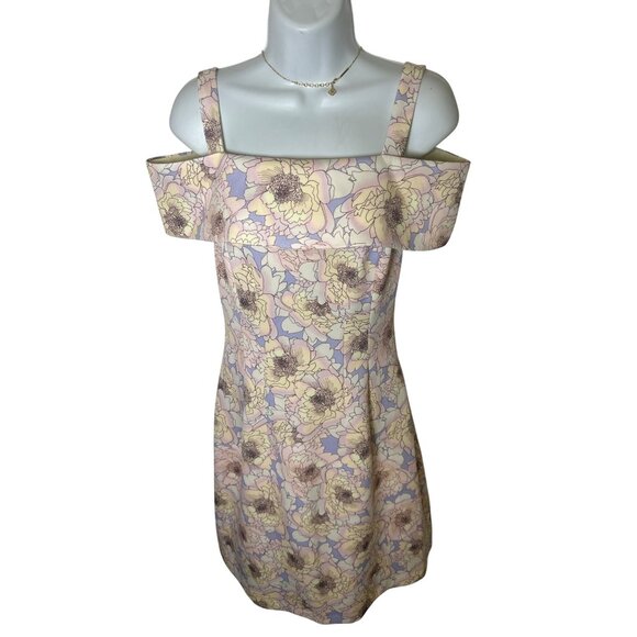 Belle Badgley Mischka Nori Off Shoulder Floral Scuba Dress, Lilac Multi, Size 0 - Picture 2 of 10